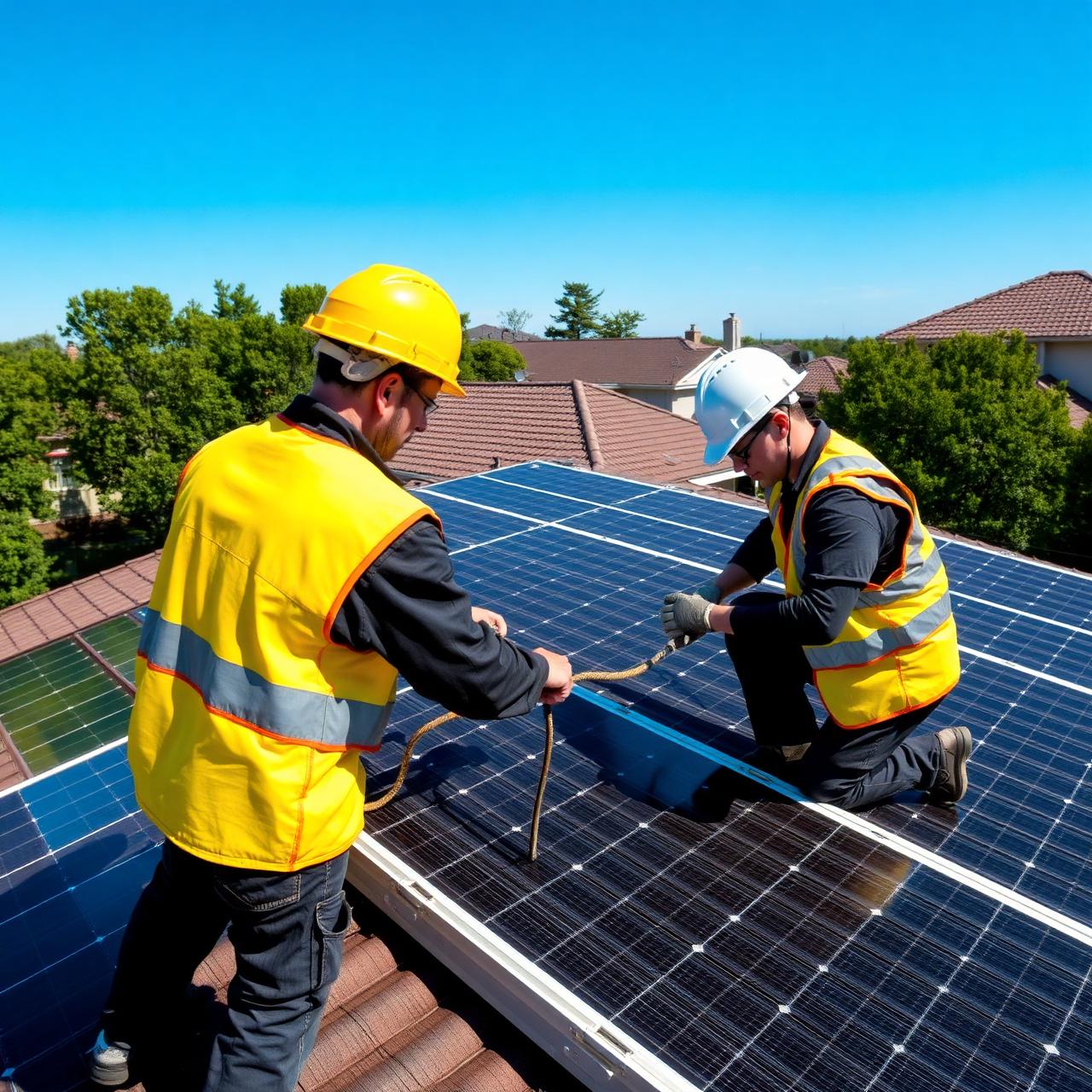 Equipe instalando painéis solares em telhado residencial