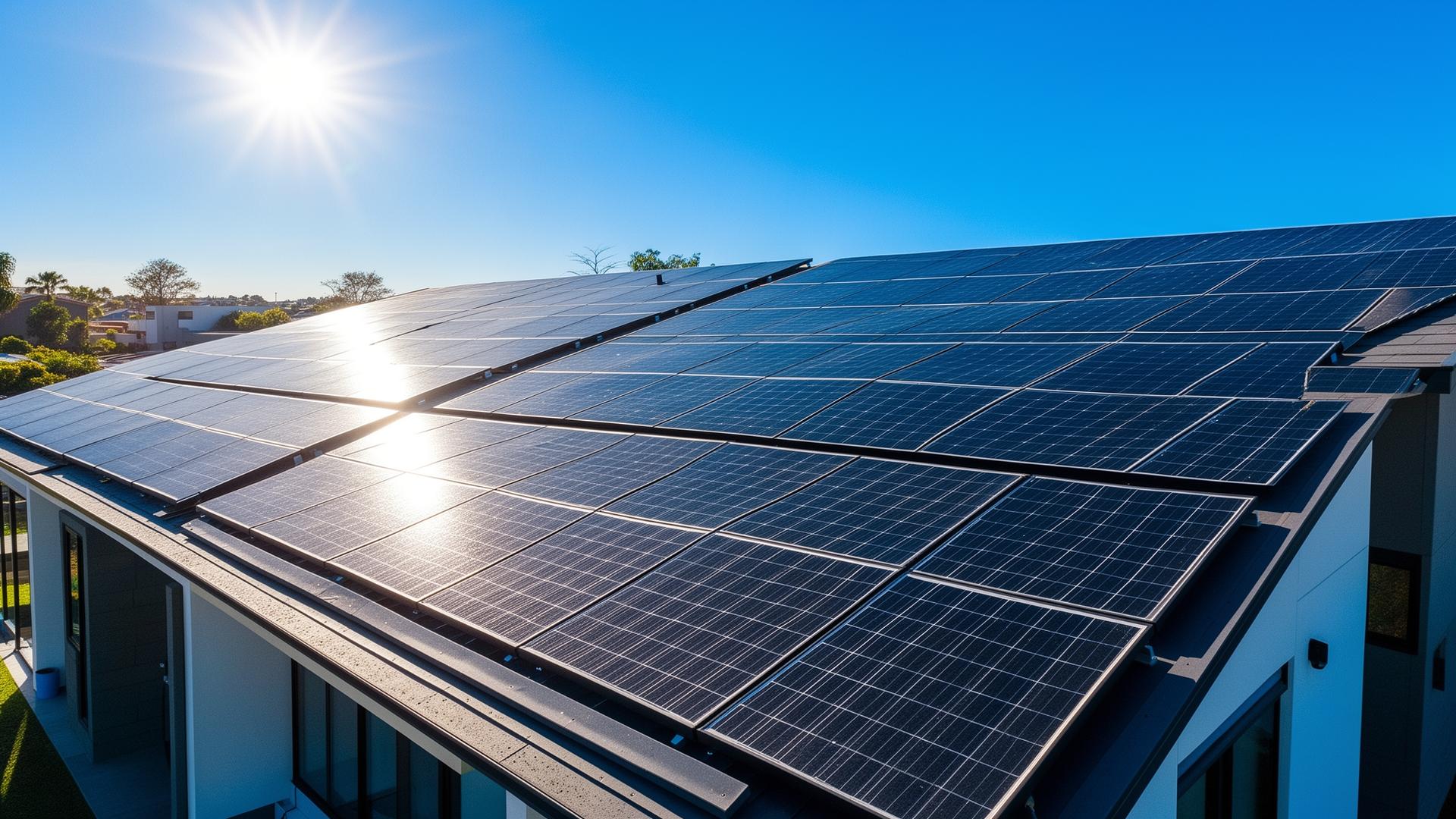 Sistema fotovoltaico instalado em telhado residencial sob céu azul
